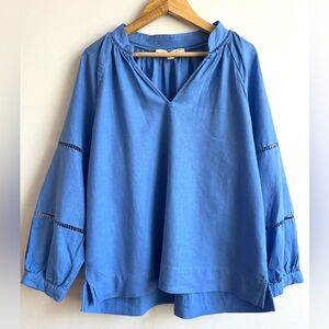 LOFT Blue V-Neck 3/4 Length Balloon Sleeve Peasant Linen Blouse